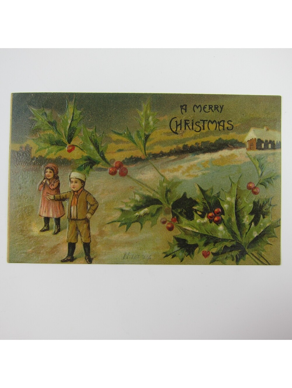 Christmas Postcard Boy & Girl House Snow Holly Berries Embossed Antique 1906